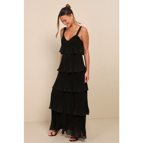Lulus Elegant Nature Black Pleated Sheath Chiffon Sleeveless Tiered Maxi Dress - Picture 1 of 10